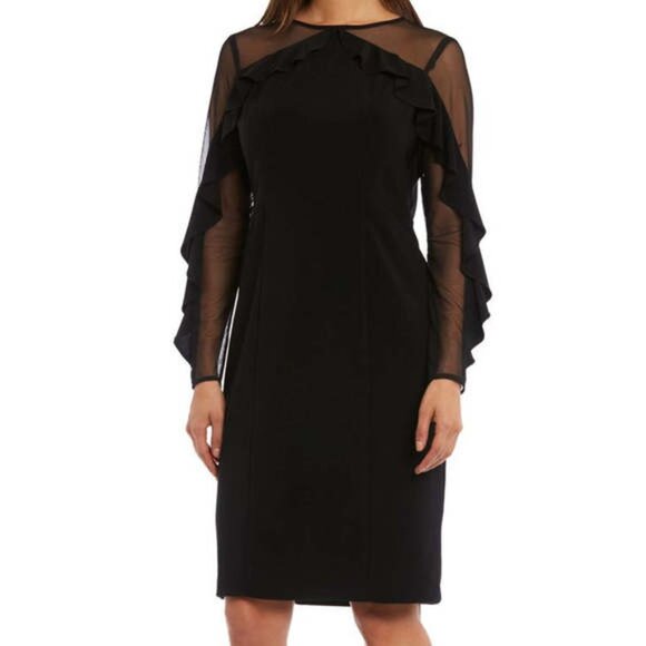 R&M Richards Womens Midi Dress with Ruffled Sleeves & Sheer Details - Picture 2 of 3